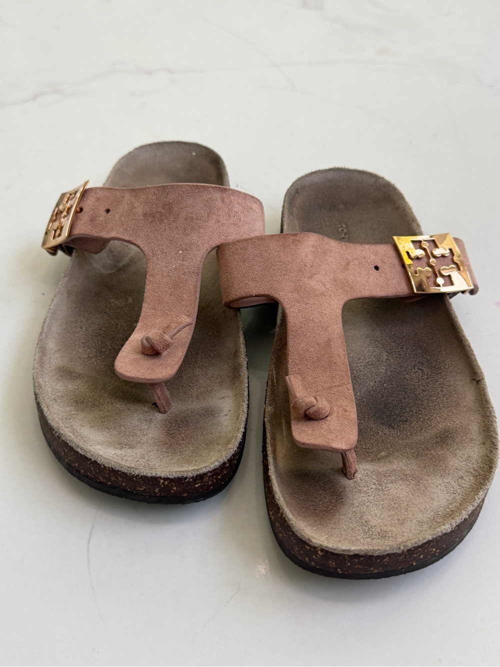 Tory Burch Pink Suede Logo Footbed Thong Sandals Size 8 - Picture 6 of 6